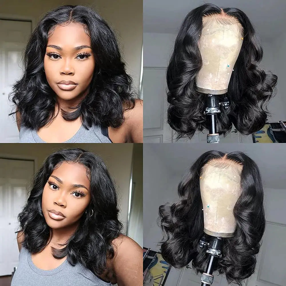 Natural Black Body Wave 4x4 HD Lace Frontal Human Hair Bob Wig – Soft Voluminous Waves