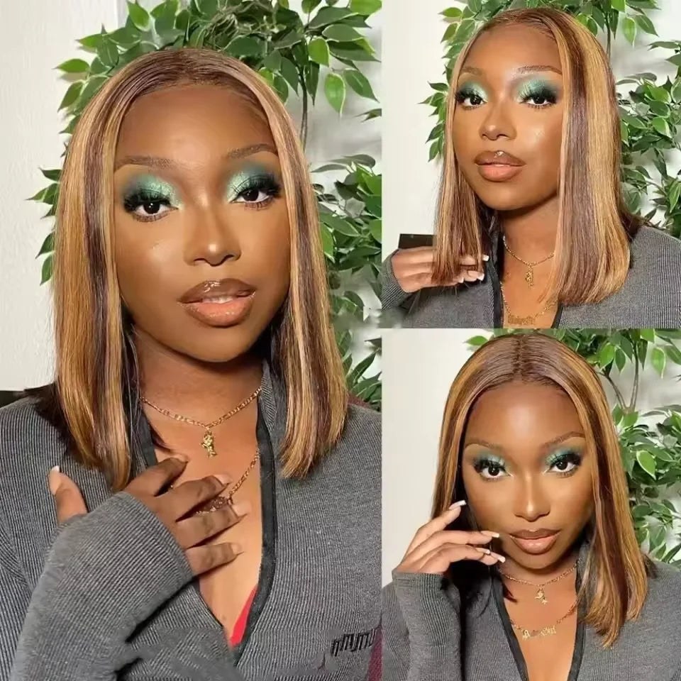 Golden Highlight Straight 13x4 Transparent Lace Frontal Human Hair Bob Wig – 220% Density