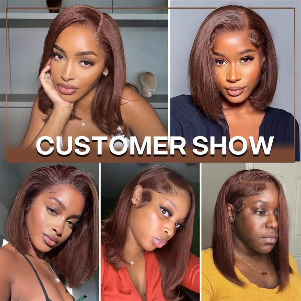 Chocolate Brown Straight 13x4 Transparent Lace Frontal Bob Human Hair Wig – 180% Density