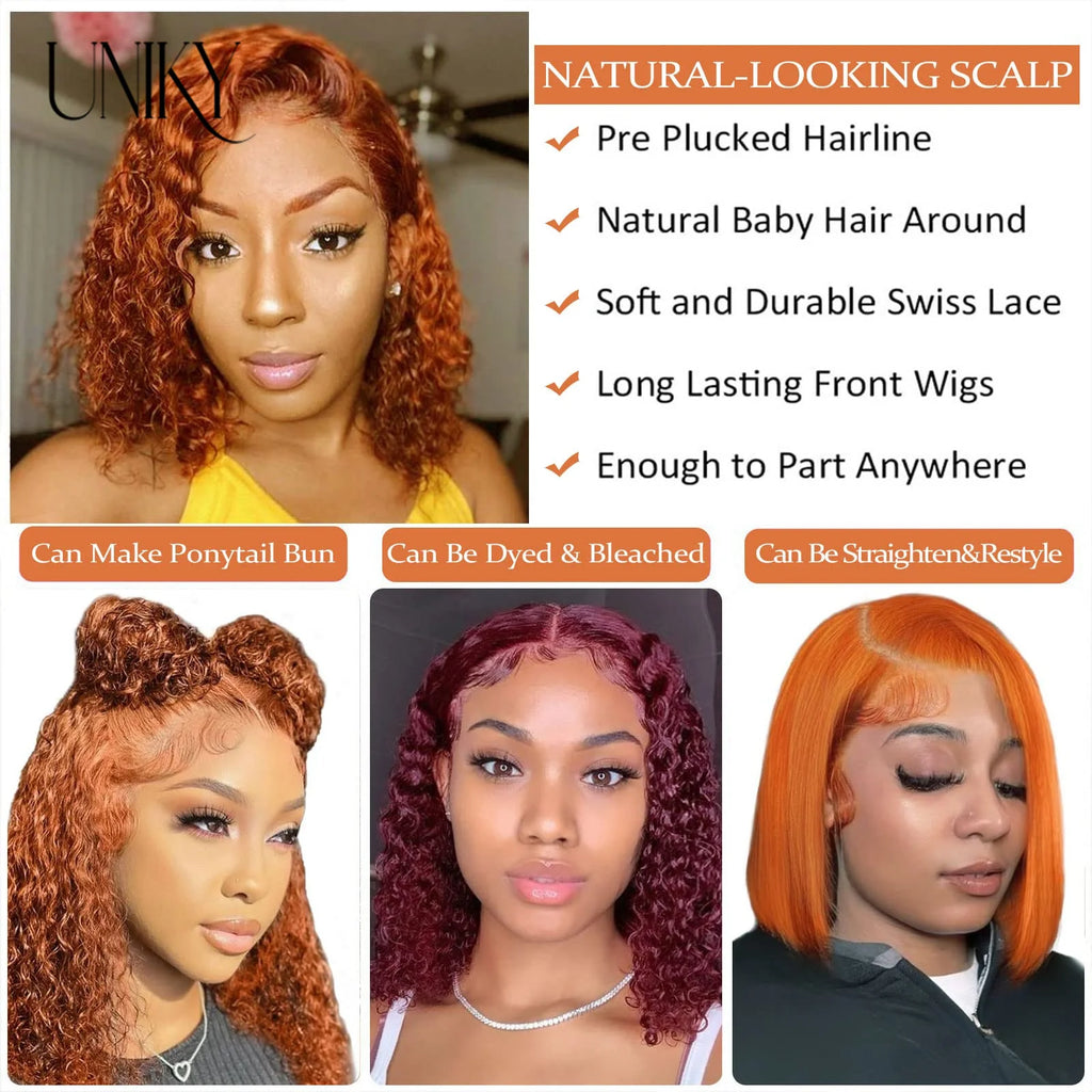 Ginger Orange Deep Wave 13x4 HD Lace Frontal Human Hair Bob Wig – Glueless Pre-Plucked Hairline