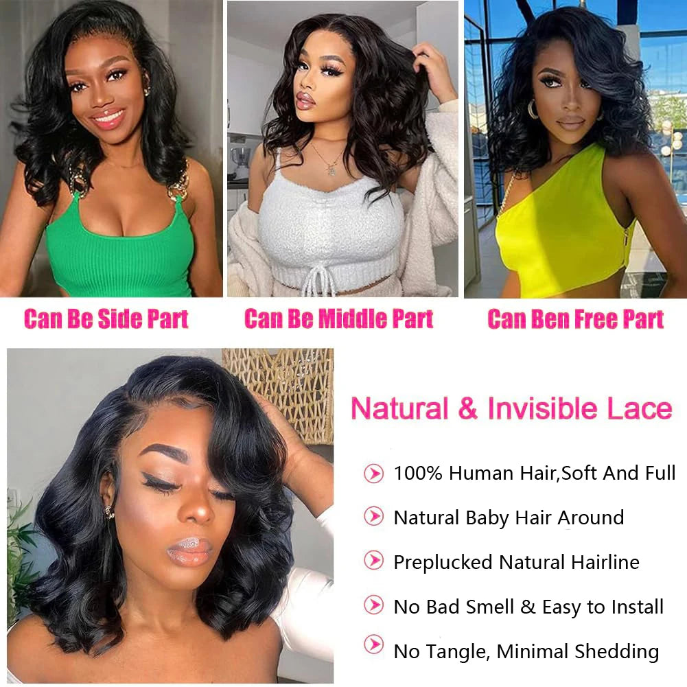 Natural Black Body Wave 13x4 Lace Frontal Human Hair Bob Wig – 250% Density, Pre-Plucked Hairline