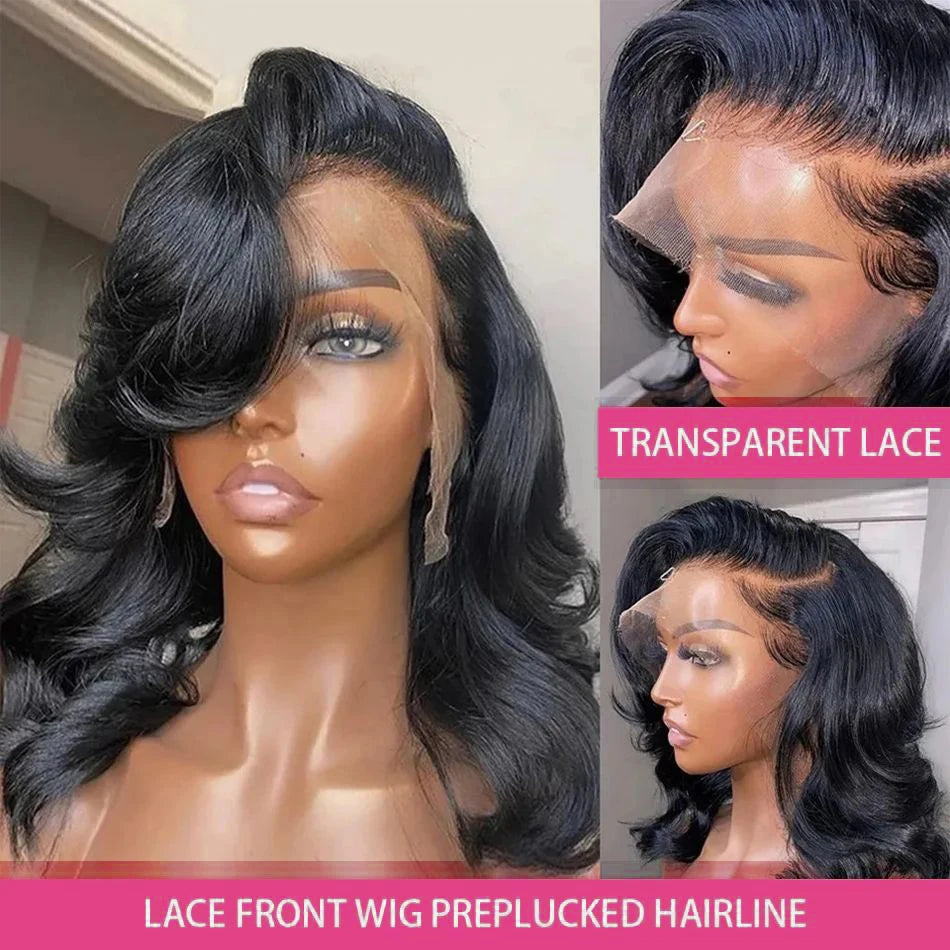 Natural Black Body Wave 13x4 Lace Frontal Human Hair Bob Wig – 250% Density, Pre-Plucked Hairline