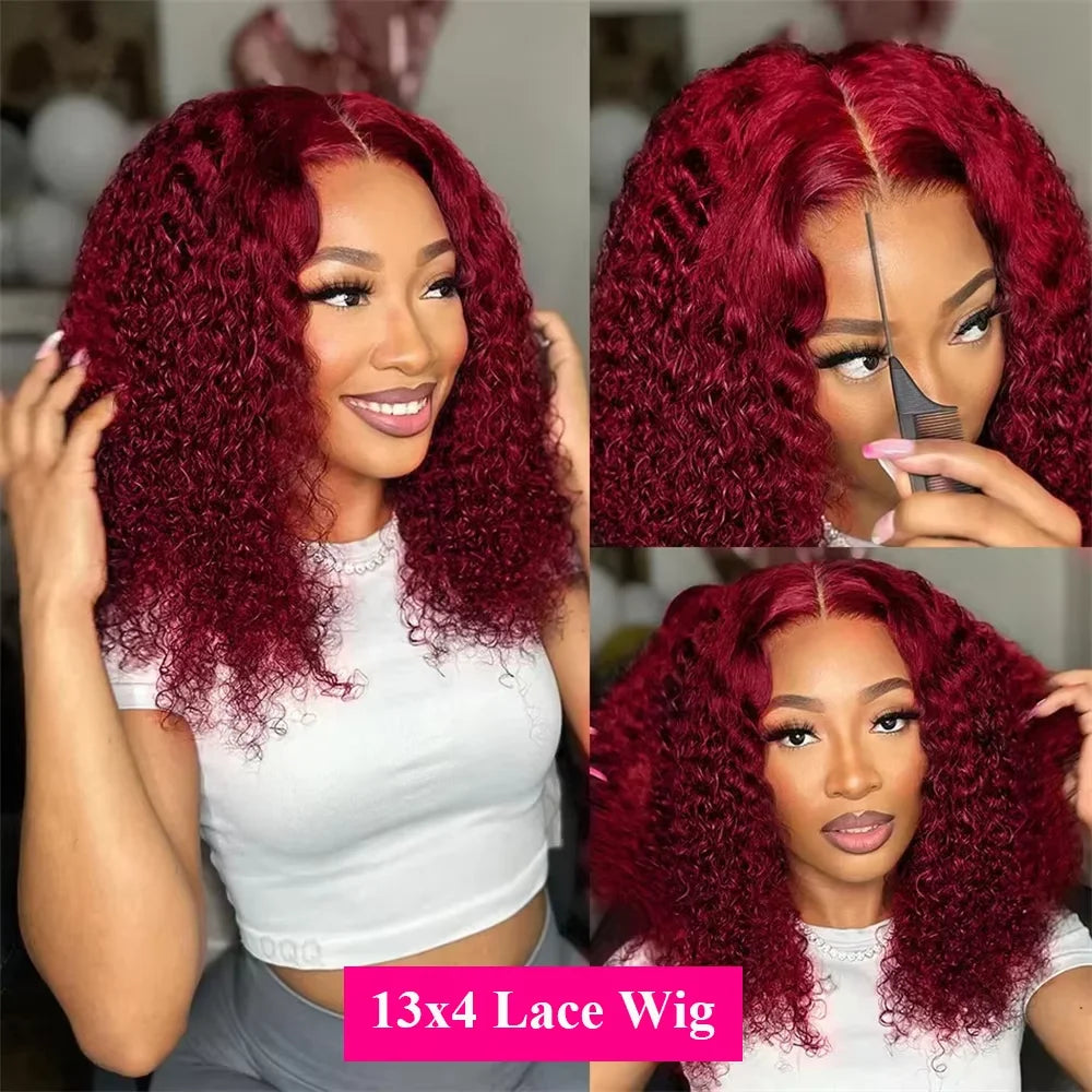 Alurën 99J Burgundy 13x4 Kinky Curly Lace Front Human Hair Bob Wig