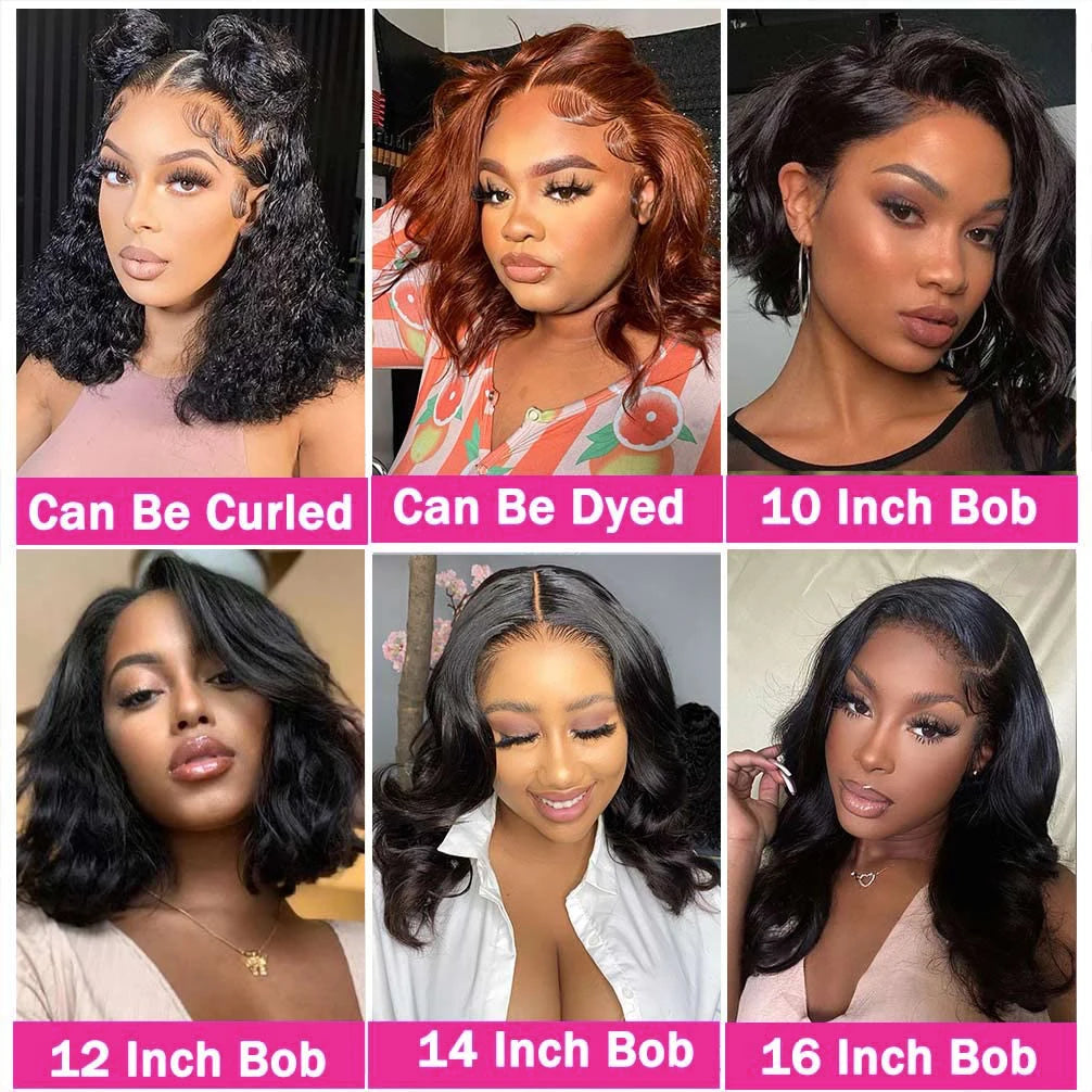 Natural Black Body Wave 13x4 Lace Frontal Human Hair Bob Wig – 250% Density, Pre-Plucked Hairline