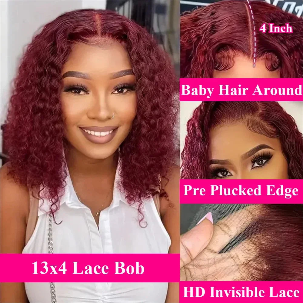 Alurën 99J Burgundy 13x4 Kinky Curly Lace Front Human Hair Bob Wig