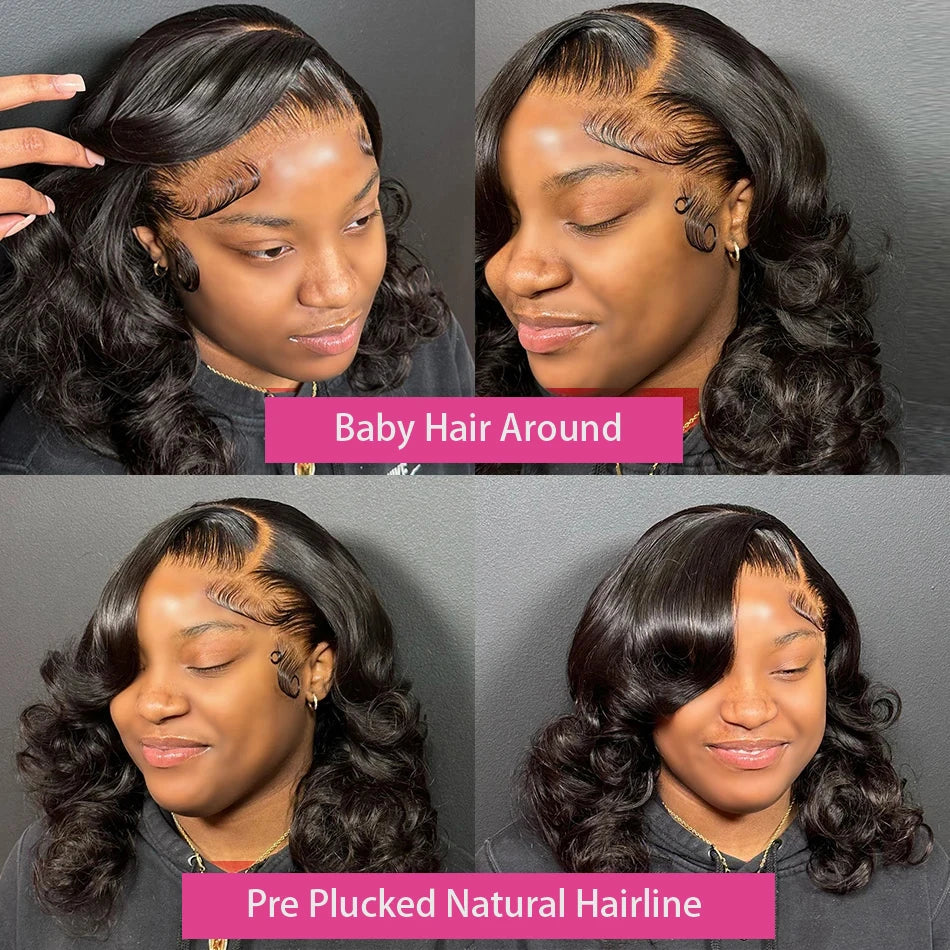 Natural Black Body Wave 13x4 Lace Frontal Human Hair Bob Wig – 250% Density, Pre-Plucked Hairline