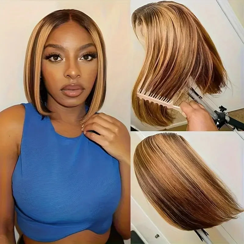 Golden Highlight Straight 13x4 Transparent Lace Frontal Human Hair Bob Wig – 220% Density