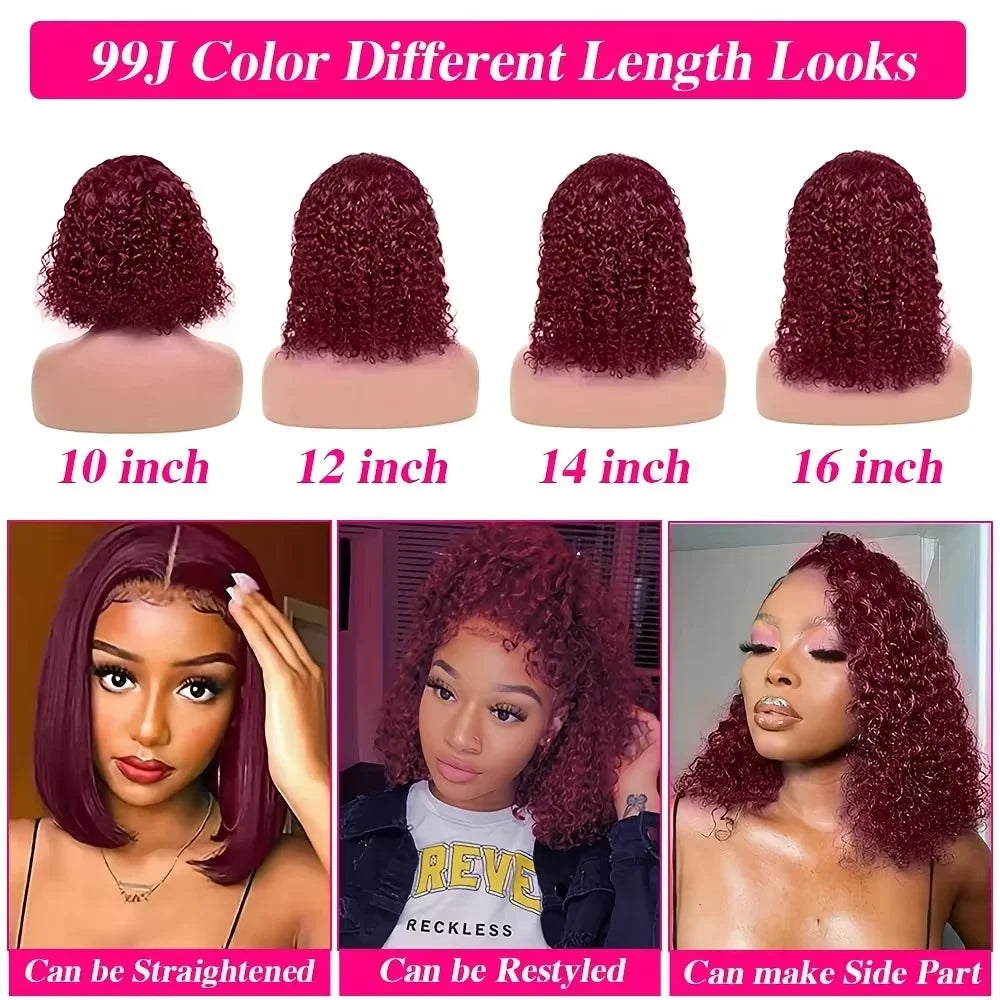Alurën 99J Burgundy 13x4 Kinky Curly Lace Front Human Hair Bob Wig