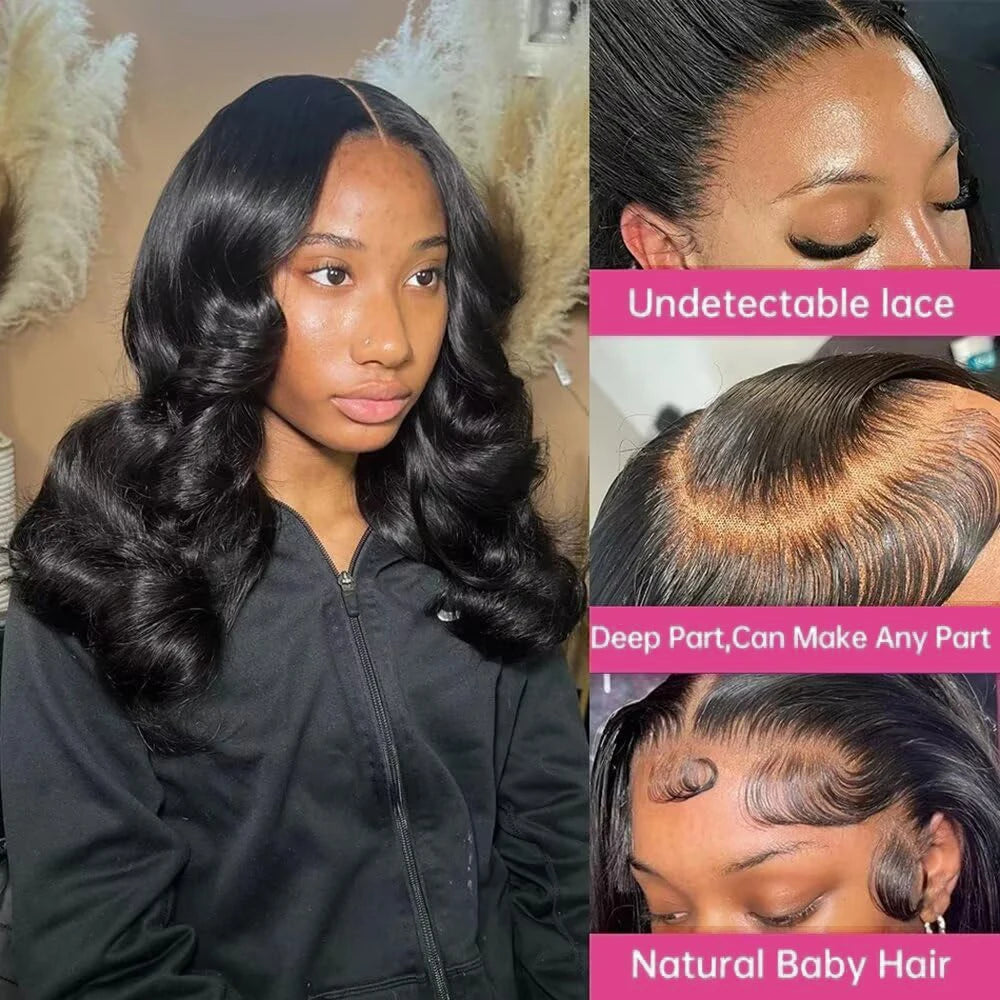 Natural Black Body Wave 13x4 Lace Frontal Human Hair Bob Wig – 250% Density, Pre-Plucked Hairline