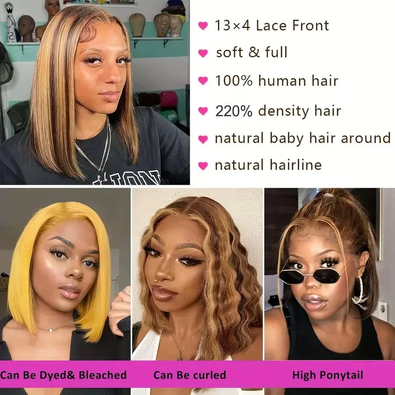 Golden Highlight Straight 13x4 Transparent Lace Frontal Human Hair Bob Wig – 220% Density