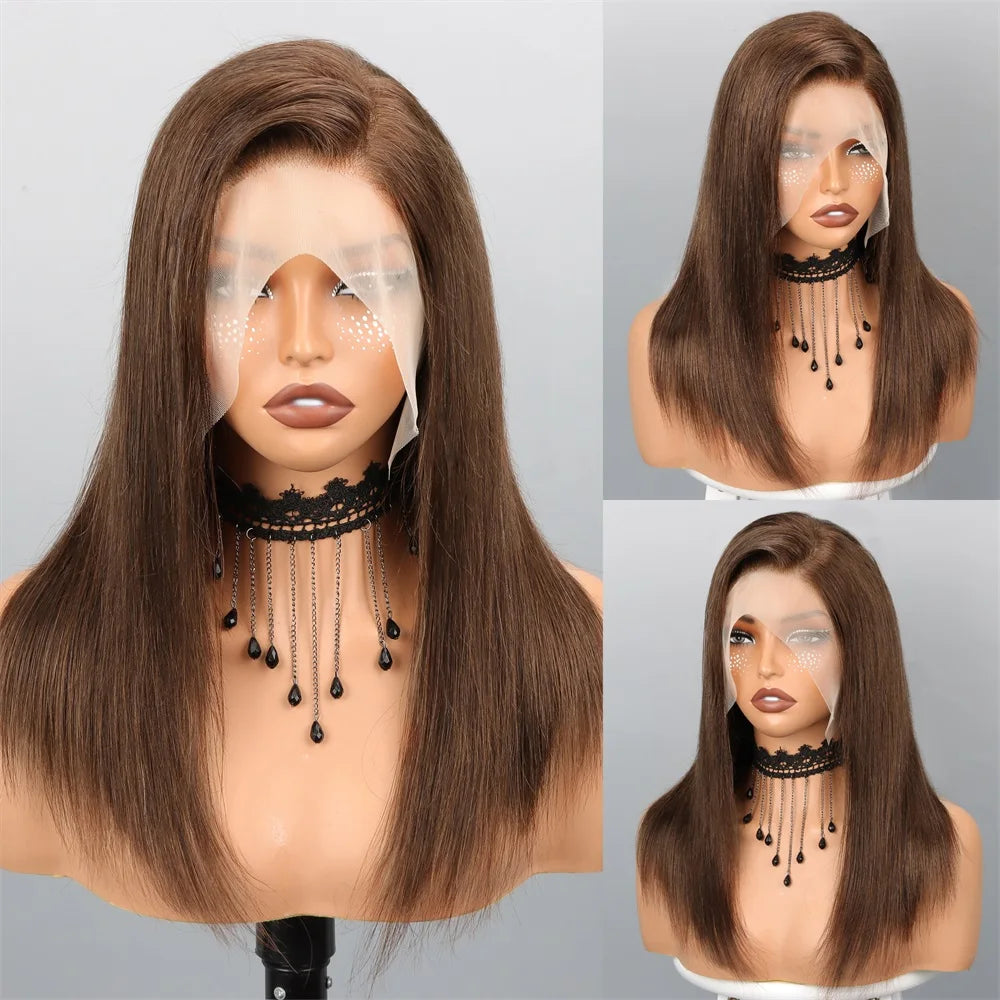 Chocolate Brown Straight 13x4 Transparent Lace Frontal Bob Human Hair Wig – 180% Density