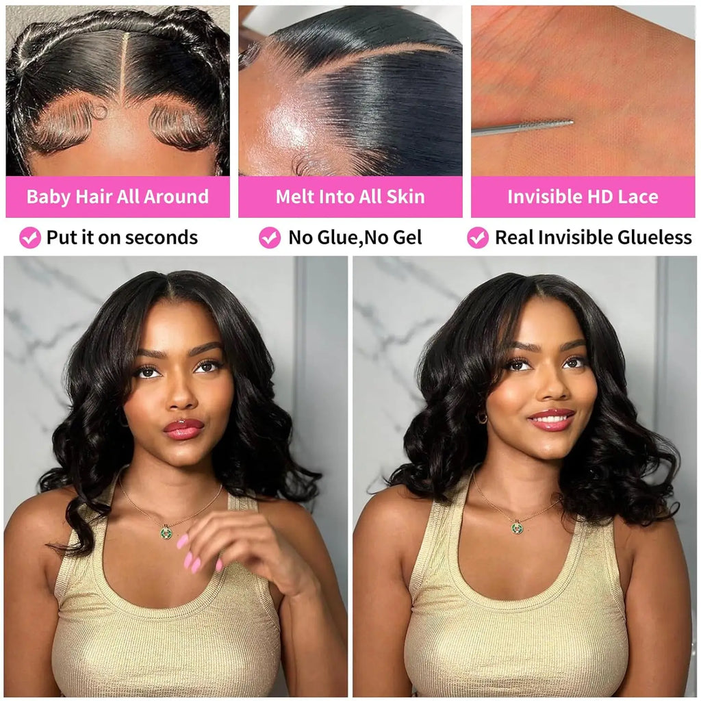 Natural Black Body Wave 4x4 HD Lace Frontal Human Hair Bob Wig – Soft Voluminous Waves