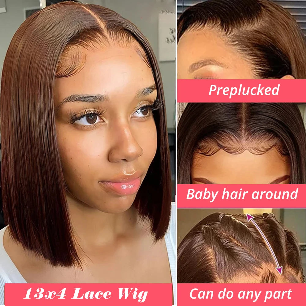 Chocolate Brown Straight 13x4 Transparent Lace Frontal Bob Human Hair Wig – 180% Density