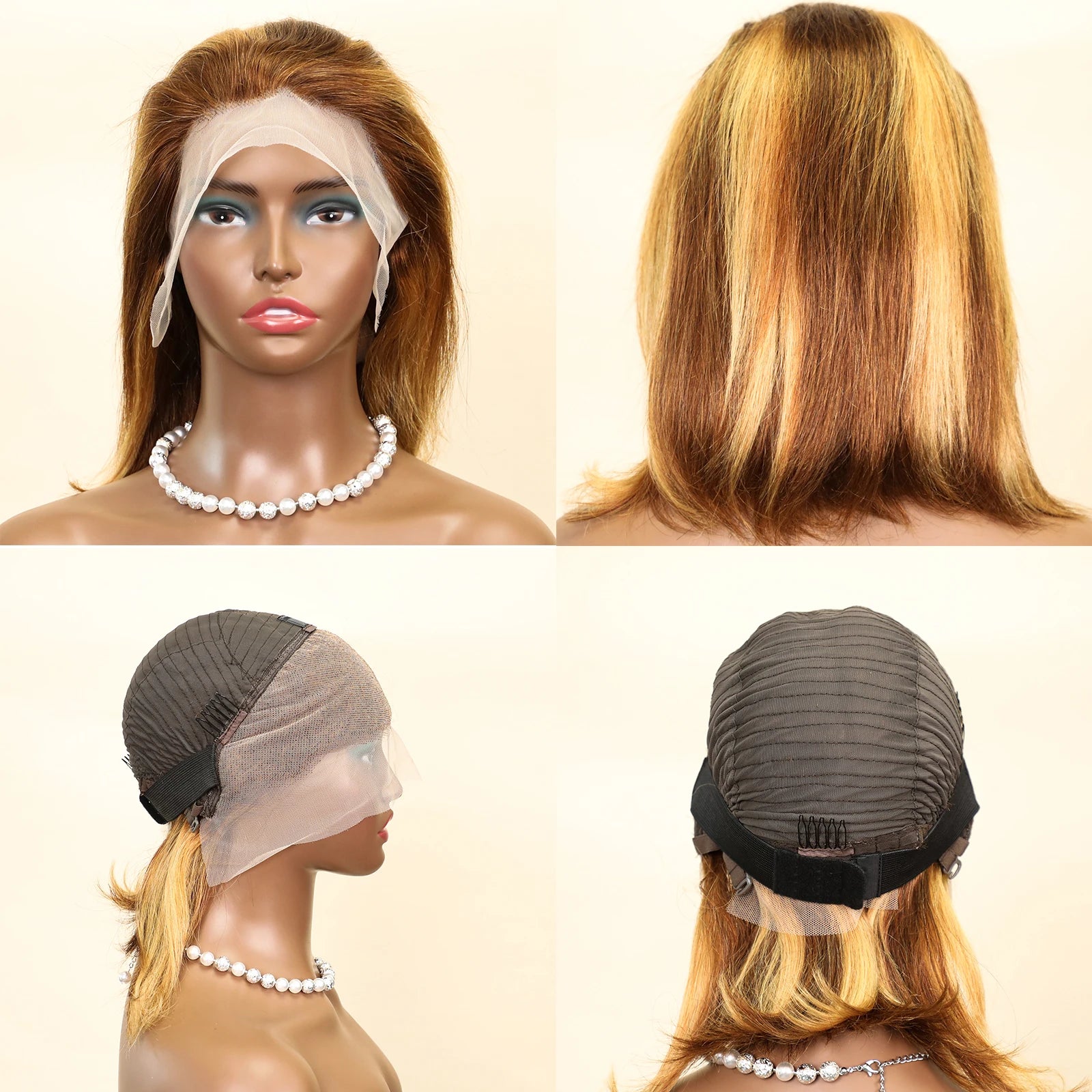 Golden Highlight Straight 13x4 Transparent Lace Frontal Human Hair Bob Wig – 220% Density