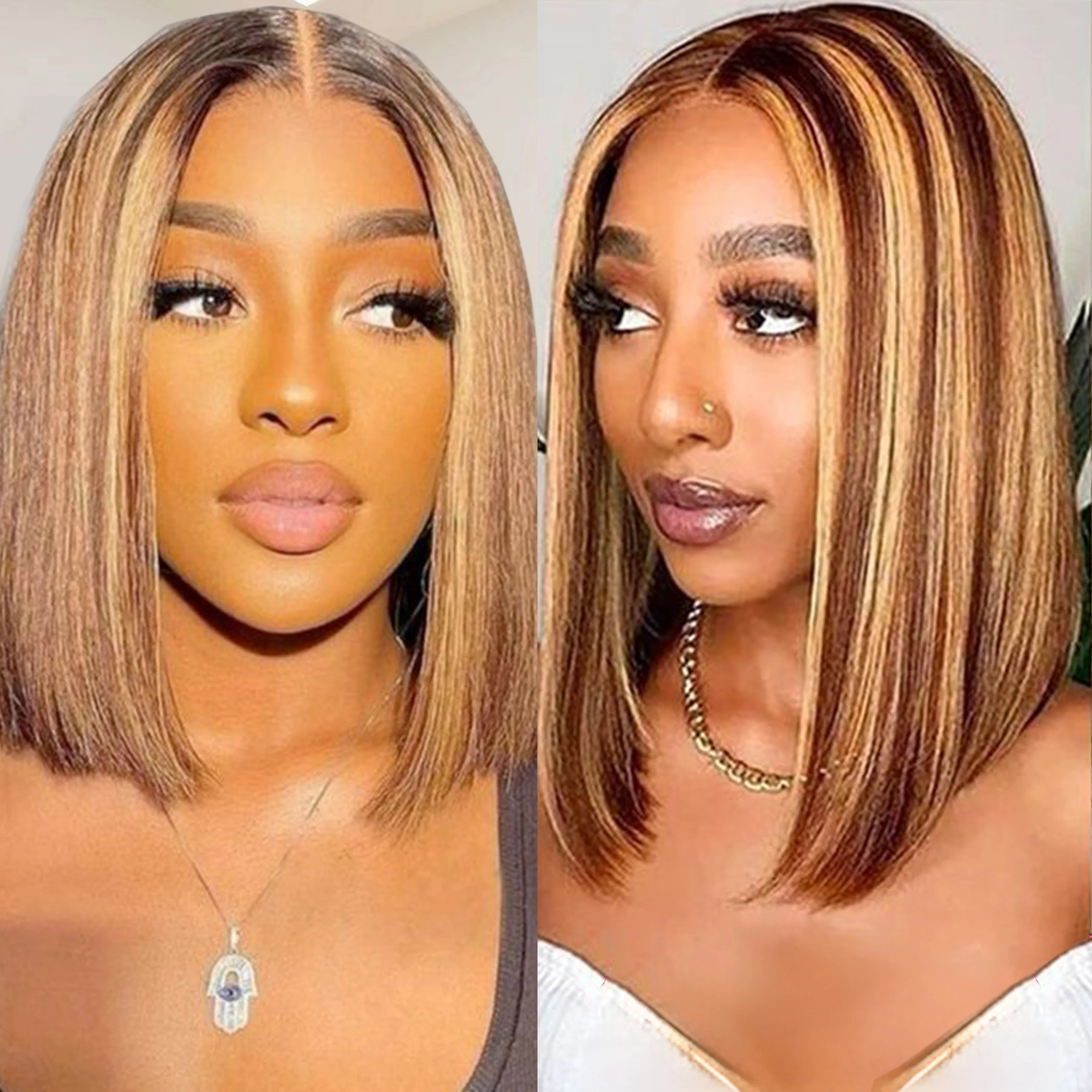 Golden Highlight Straight 13x4 Transparent Lace Frontal Human Hair Bob Wig – 220% Density
