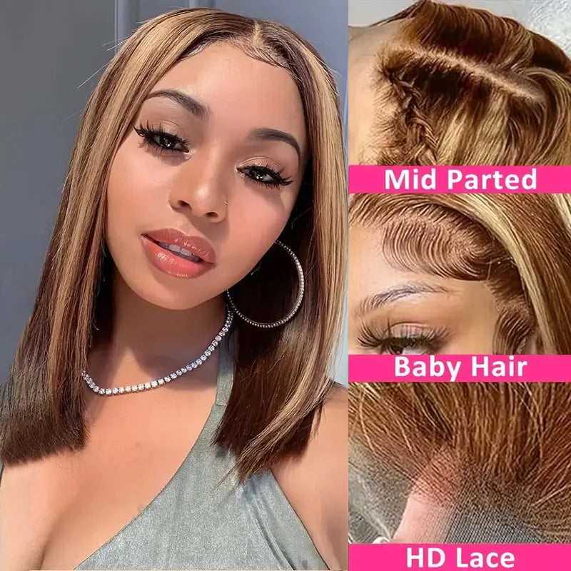 Golden Highlight Straight 13x4 Transparent Lace Frontal Human Hair Bob Wig – 220% Density